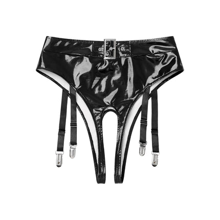 High-Waist Patent Leather Crotchless Thong & Garter Clip Lingerie