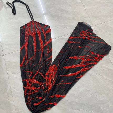 Crimson & Black Graphic Rhinestone Halter Maxi Gown Backless Illusion Evening Dress