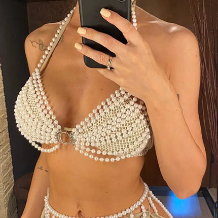 The Venus Pearl Halter Bikini Top – Luxury Woven Diamond & Pearl Showgirl Swimwear