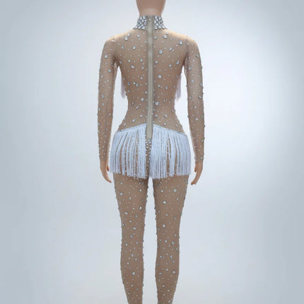 Silver Shattered Rhinestone Tassel Bodysuit Sheer Illusion Stage Jumpsuit