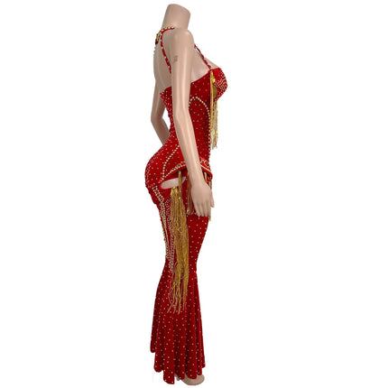 Rhinestone Tassel Hollow-Out Jumpsuit & Stage Performance Dance Romper