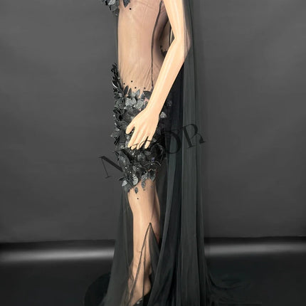 Sheer Rhinestone Applique Evening Gown Long Tail Showgirl Stage Performance Dress