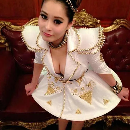 White Faux Leather Studded Stage Dress & Fluffy Skirt Pop Singer Costume Set