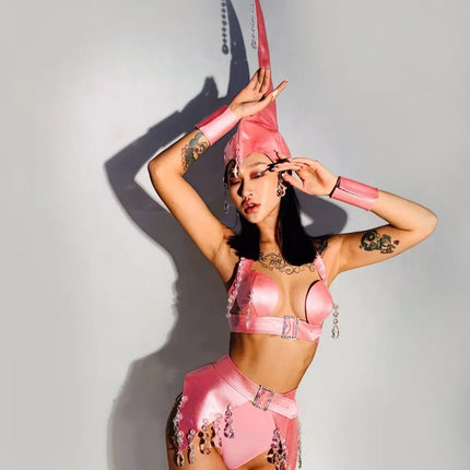 Crystal & PU Leather Roleplay Dance Costume Set
