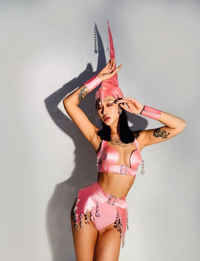 Crystal & PU Leather Roleplay Dance Costume Set