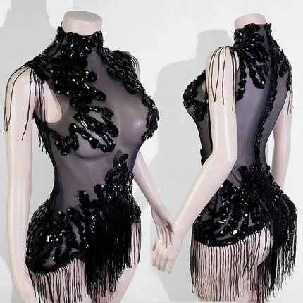 The Stardust Midnight Cabaret Bodysuit – Luxury Rhinestone & Mesh Showgirl Costume