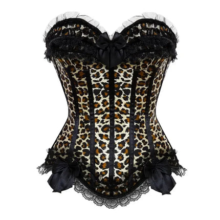 Leopard Satin Overbust Corset Lace Bowknot Clubwear Showgirl Body Shaper