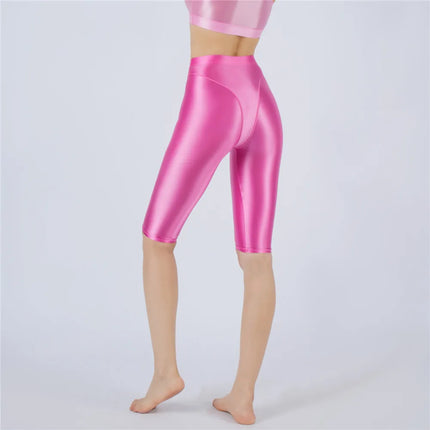 Oil Glossy High-Stretch Knee-Length Shorts Satin Shine Performance Biker Shorts