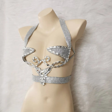 Sparkly Silver Carnival Rhinestone Wire Bra Festival Push-Up Dance Top