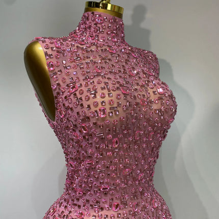Sparkly Rhinestone Sleeveless Maxi Long Dress See-Through Sheer Mesh Stage Outfit