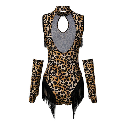 Leopard Cutout Bodysuit & Fringe Sleeves 2-Piece Latin Ballroom Stage Costume Set