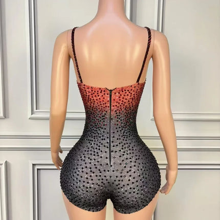 Red Black Rhinestones Sleeveless Bodysuit Women Singer Dancer Concert Performance Dance Costume Nightclub Party Show Stage Wear
