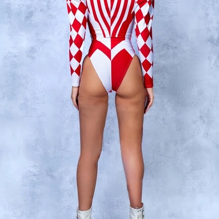 Dark Harlequin Clown Puffed Sleeve Bodysuit Sexy Circus Jester Stage Dance Costume