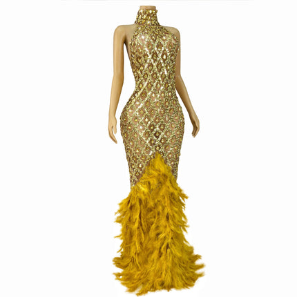 Sparkly Rhinestone Feather Sheer Mesh Evening Gown Stage Fashion Show Outfit