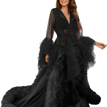 Voluminous Illusion Tulle Ruffle Long Robe Dressing Gown