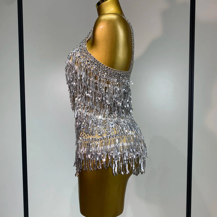 Sparkly Rhinestone Tassel Backless Mesh Bodysuit Luxury Stage Performance Costume