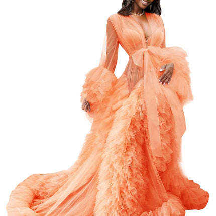 Voluminous Illusion Tulle Ruffle Long Robe Dressing Gown