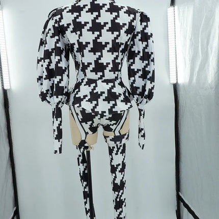 Houndstooth Geometric Print Bodysuit, Over-Knee Boots & Statement Hat 3-Piece Stage Costume Set
