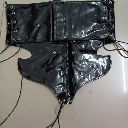 PU Leather Flame Bikini, Collar & Harness Shorts 3-Piece Gogo Performance Costume Set