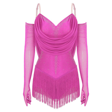 Sparkly Rhinestone & Tassel Fringe Dance Leotard with Gloves Two-Piece Stage Costume