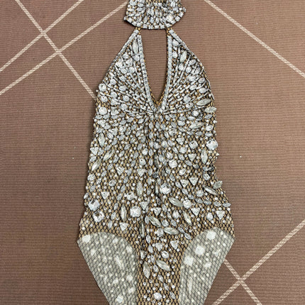 Silver Rhinestone High-Cut Backless Stage Bodysuit Dance Performance Leotard