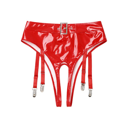 High-Waist Patent Leather Crotchless Thong & Garter Clip Lingerie