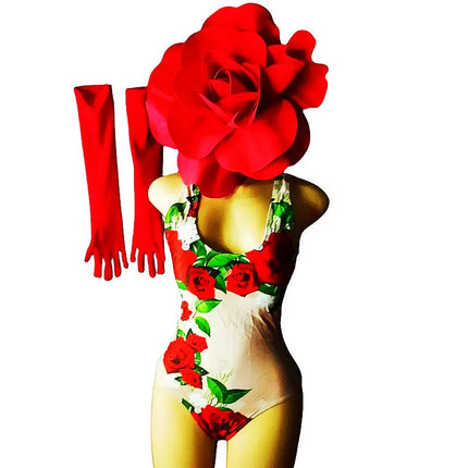Scarlet Rose Floral Bodysuit, Opera Gloves & 3D Flower Headpiece 3-Piece Stage Costume Set
