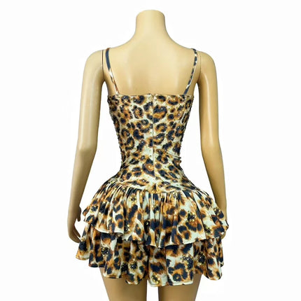 Leopard Print Crystal Sling Showgirl Mini Dress – Glamour Stage Performance Costume