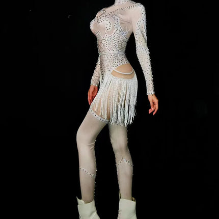 White Pearl & Crystal Rhinestone Bodysuit Sheer Mesh Leggings Illusion Stage Costume Set