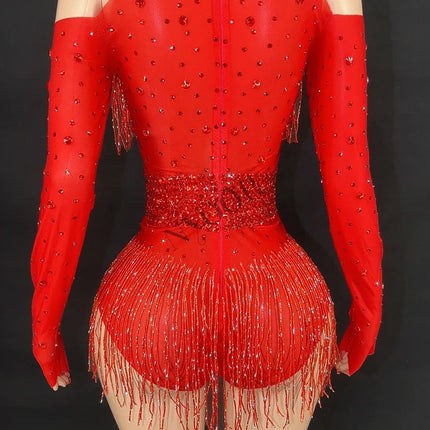 Sparkly Red Rhinestone & Fringe Long-Sleeve Mesh Bodysuit Dance Stage Costume