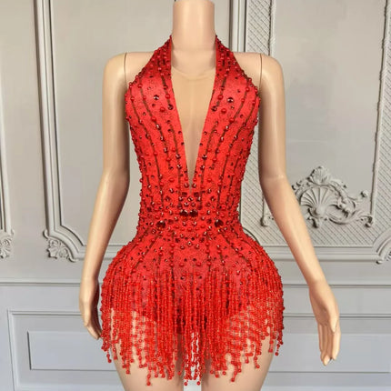 Crystal Rhinestone Fringe Sleeveless Bodysuit & Aerial Dance Leotard Costume