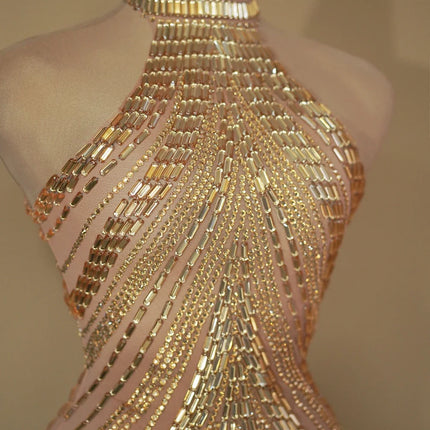 Sparkly Rhinestone High-Neck Sheath Mini Dress Stage Dance Costume