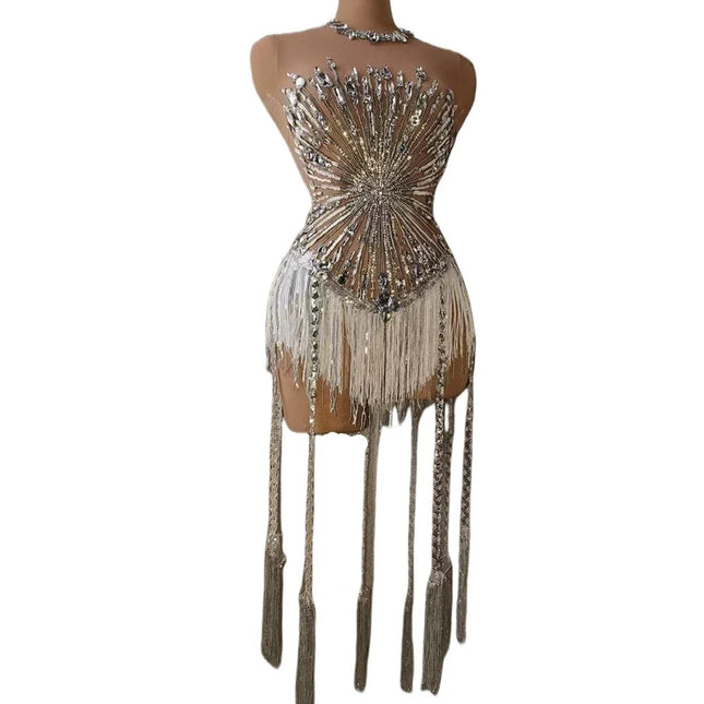 Sparkly Silver Rhinestone & Long Tassel Fringe Leotard Stage Performance Costume