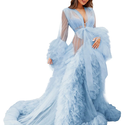 Voluminous Illusion Tulle Ruffle Long Robe Dressing Gown