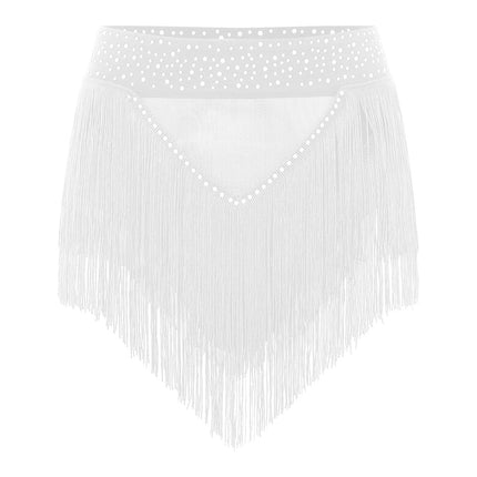 Rhinestone Tassel High-Waist Dance Shorts & Sheer Mesh Fringe Skirt
