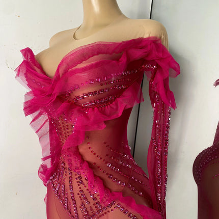 Sparkly Diamonds Women Long Sleeve See Through Mesh Tight Jumpsuit Costume Nightclub Dancer Outfit Performance Stage Wear