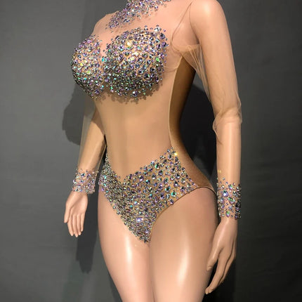 Sparkly AB Rhinestone Sheer Mesh Bodysuit & Stage Performance Costume