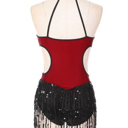 Sequined Fringe Latin Dance & Figure Skating Jumpsuit Leotard Set with Mesh Gloves
