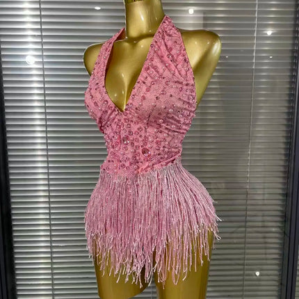 Vintage-Inspired Beaded Tassel Bodysuit Performance Costume