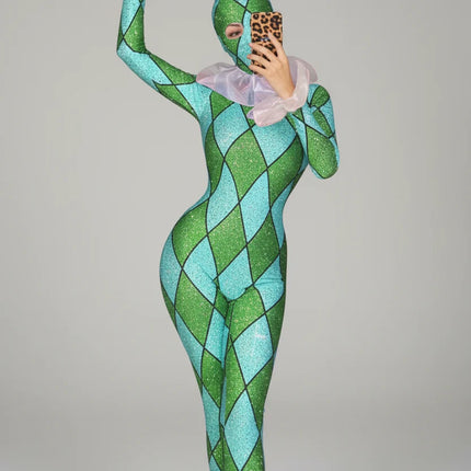Futuristic Geometric Rhinestone Bunny Bodysuit – Luxury Showgirl Stage Costume & Exotic Festival Leotard with Statement Collar