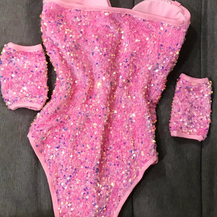 Deep V-Neck Sequin Bodysuit & Choker Collar Stage Performance Set
