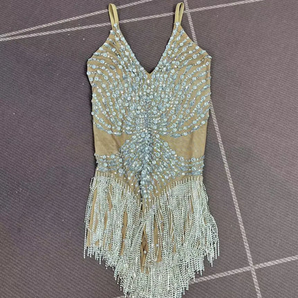 Sparkly Silver Rhinestone Tassel Sheer Mesh Stage Bodysuit Leotard Costume