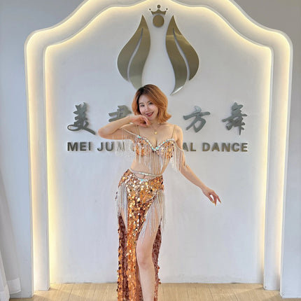 Luxury Diamond Bra & Sequin Tassel Skirt Oriental Belly Dance Competition Set