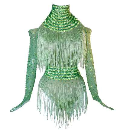 Rhinestone Tassel Mesh Performance Bodysuit