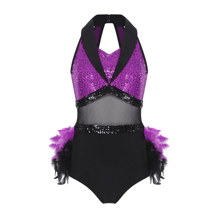 Women's Shiny Sequin Sheer Mesh Feather Latin Jazz Dance Bodysuit