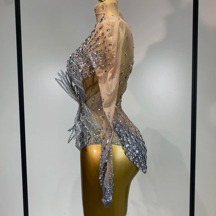 Luxury Shining Diamond See-Through Mesh Bodysuit Stage Performance Jumpsuit