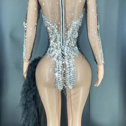 Sparkly Silver Sequin Long Sleeve Mesh Evening Dress High Split Stage Birthday Gown