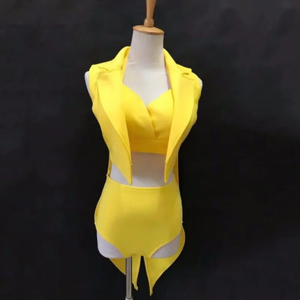 Female Jazz Dance Team Costume Black Yellow Bikini Tailcoat 3 Pieces Set Women Singer Nightclub Sexy Stage Wear Cosplay Outfits