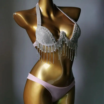 High-Fashion Crystal Mesh Bikini Set – Dazzling Rhinestone Bling Swimsuit & Showgirl Swimwear for Stage Performances & Raves