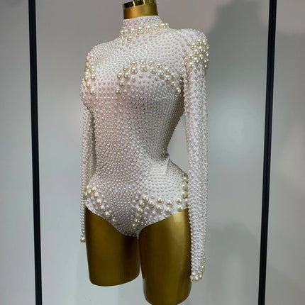 Luxury Pearl Long Sleeve Spandex Stretch Bodysuit Evening Stage Performance Costume